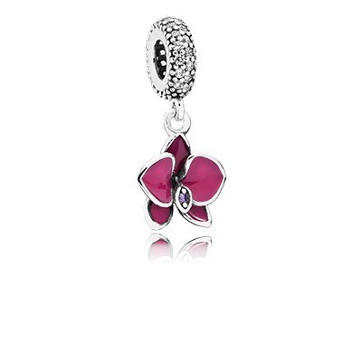 Pandora Orchid With Clear Cz & Purple Enamel Dangle